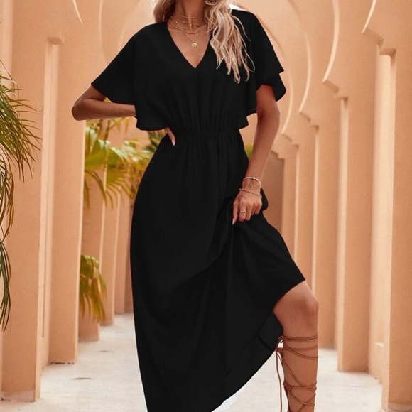 Boho black butterfly sleeve V neck A line maxi dress - Picture 6 of 6